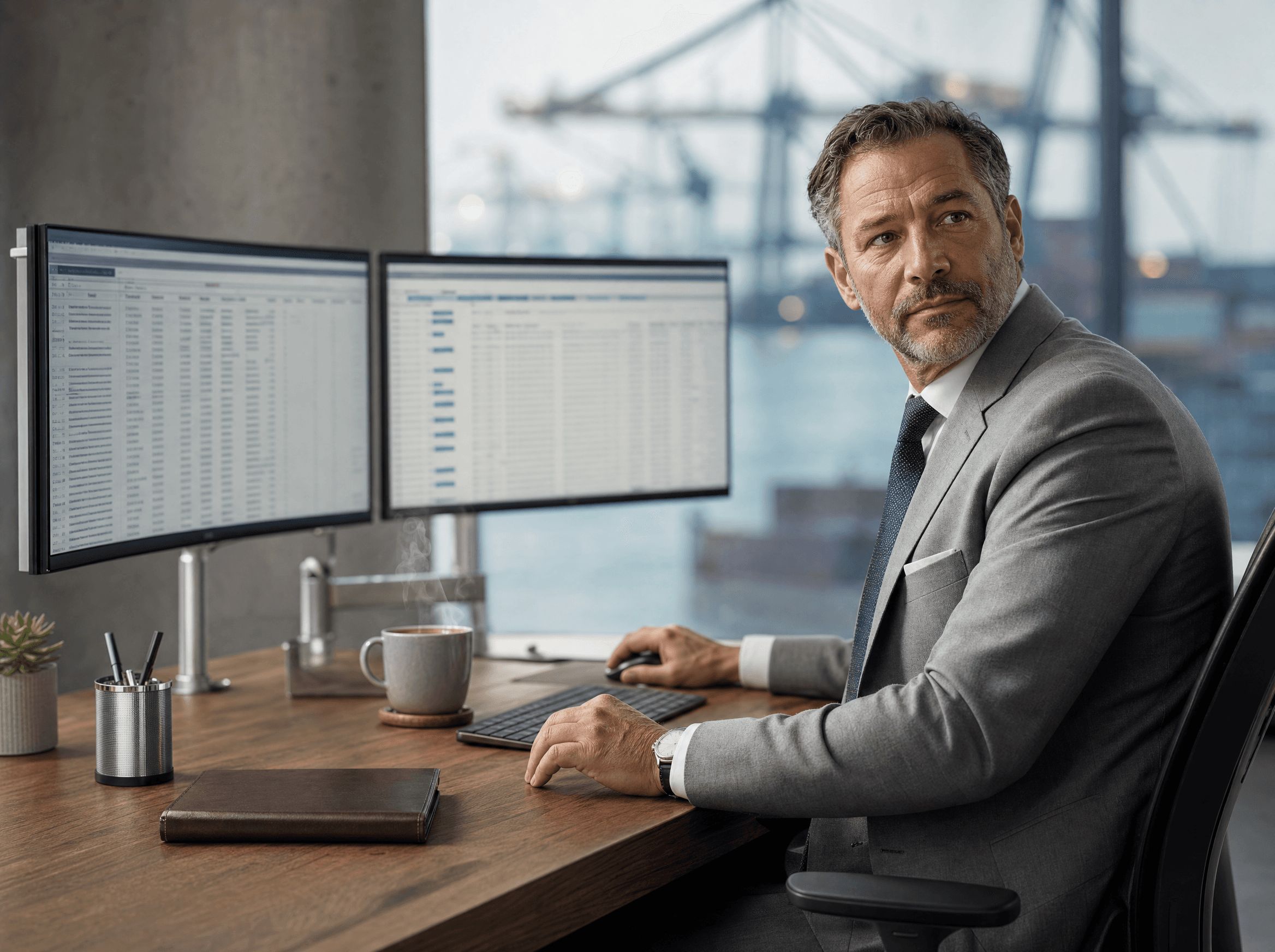 Customs broker reviewing ACE entry data at desk