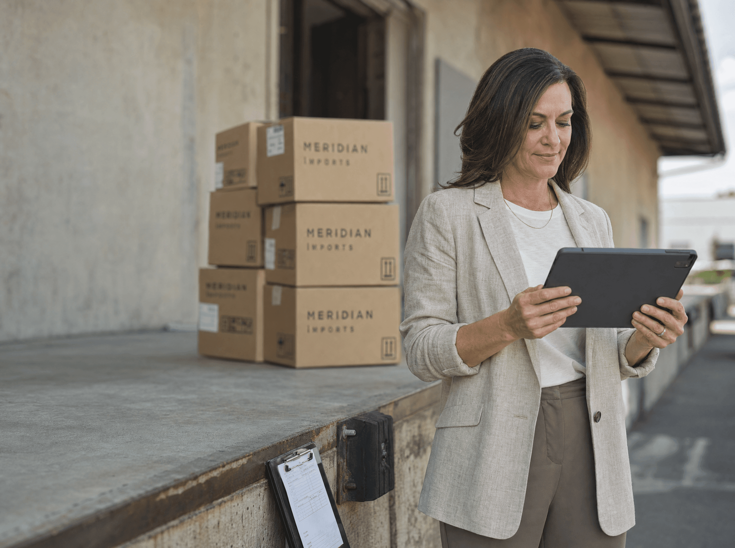 Small business importer reviewing recovery progress on a tablet